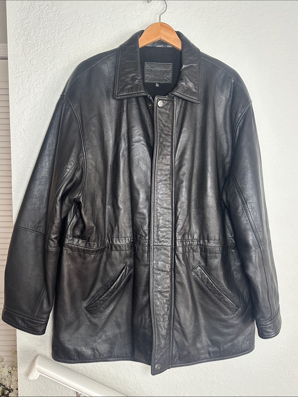 Brandini Black Leather Jacket Coat 100% Lamb Mens XL Pockets Zip Snap Front